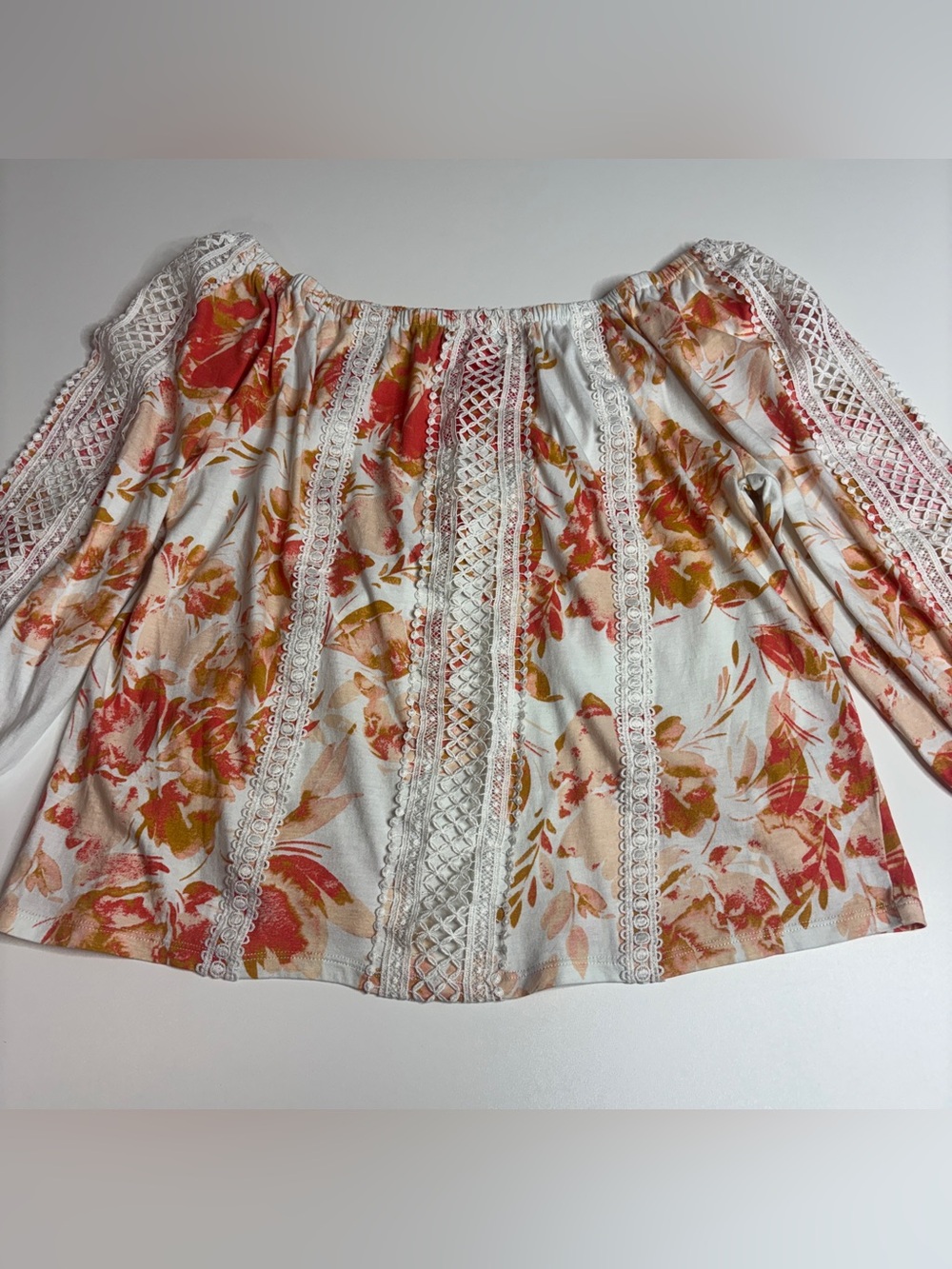Ella Rafaella Boho Floral Lace Peasant Off Shoulder Blouse Cottagecore M